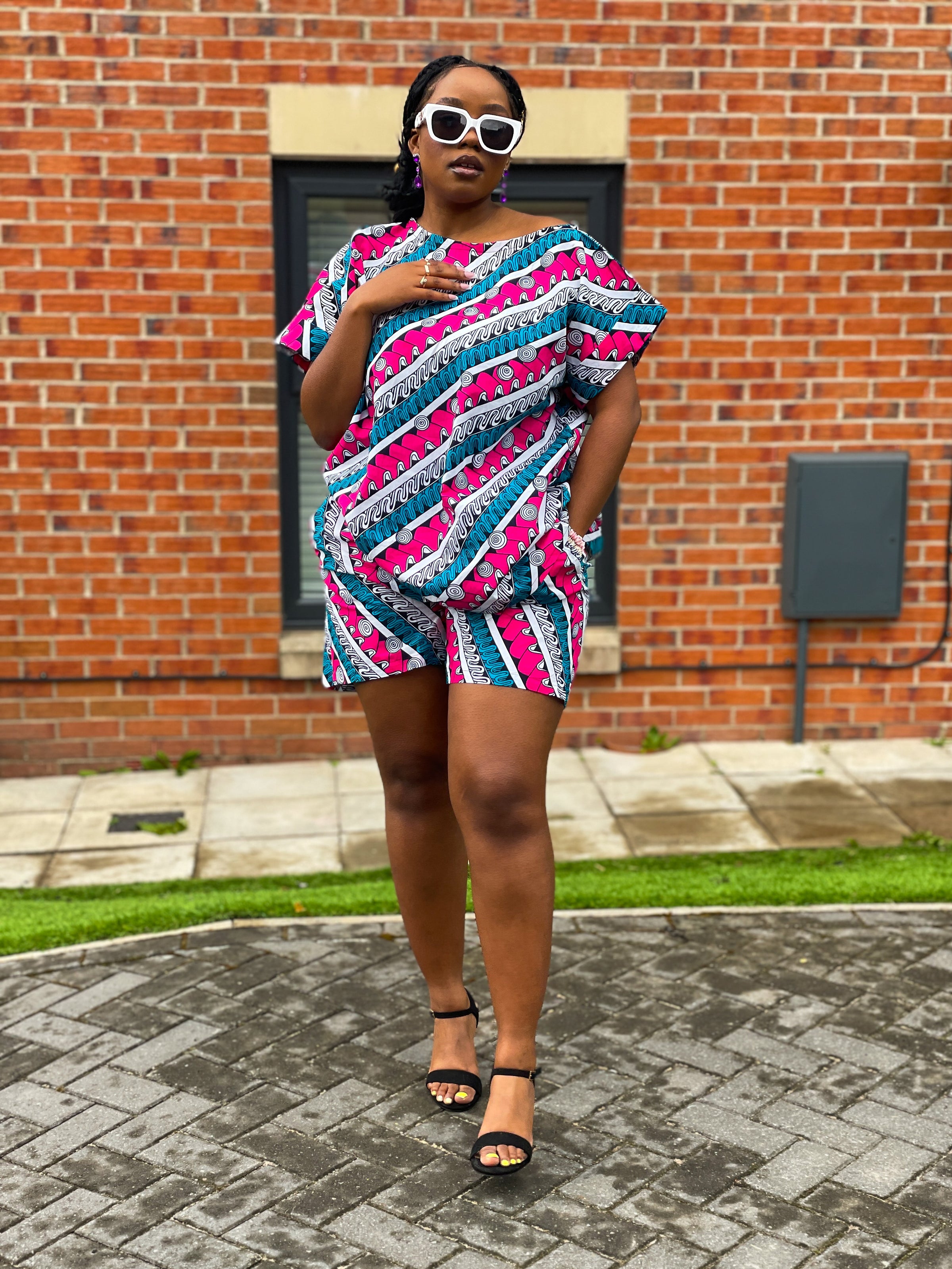 Bunny Ankara High Waisted Shorts Pink and White African Print