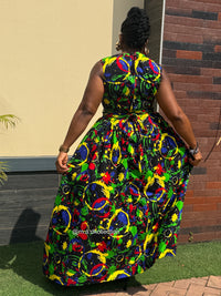 Binta Ankara Maxi Dress | Green Multicolor African Print