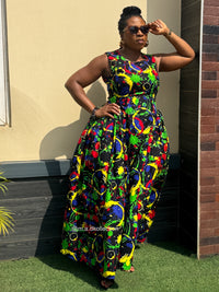 Binta Ankara Maxi Dress | Green Multicolor African Print