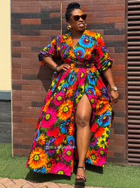 Dalia Ankara Maxi Dress | Orange Multicolor V Neck African Print