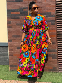 Dalia Ankara Maxi Dress | Orange Multicolor V Neck African Print
