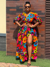 Dalia Ankara Maxi Dress | Orange Multicolor V Neck African Print