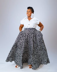 Nora Ankara Midi Skirt | Black and White African Print
