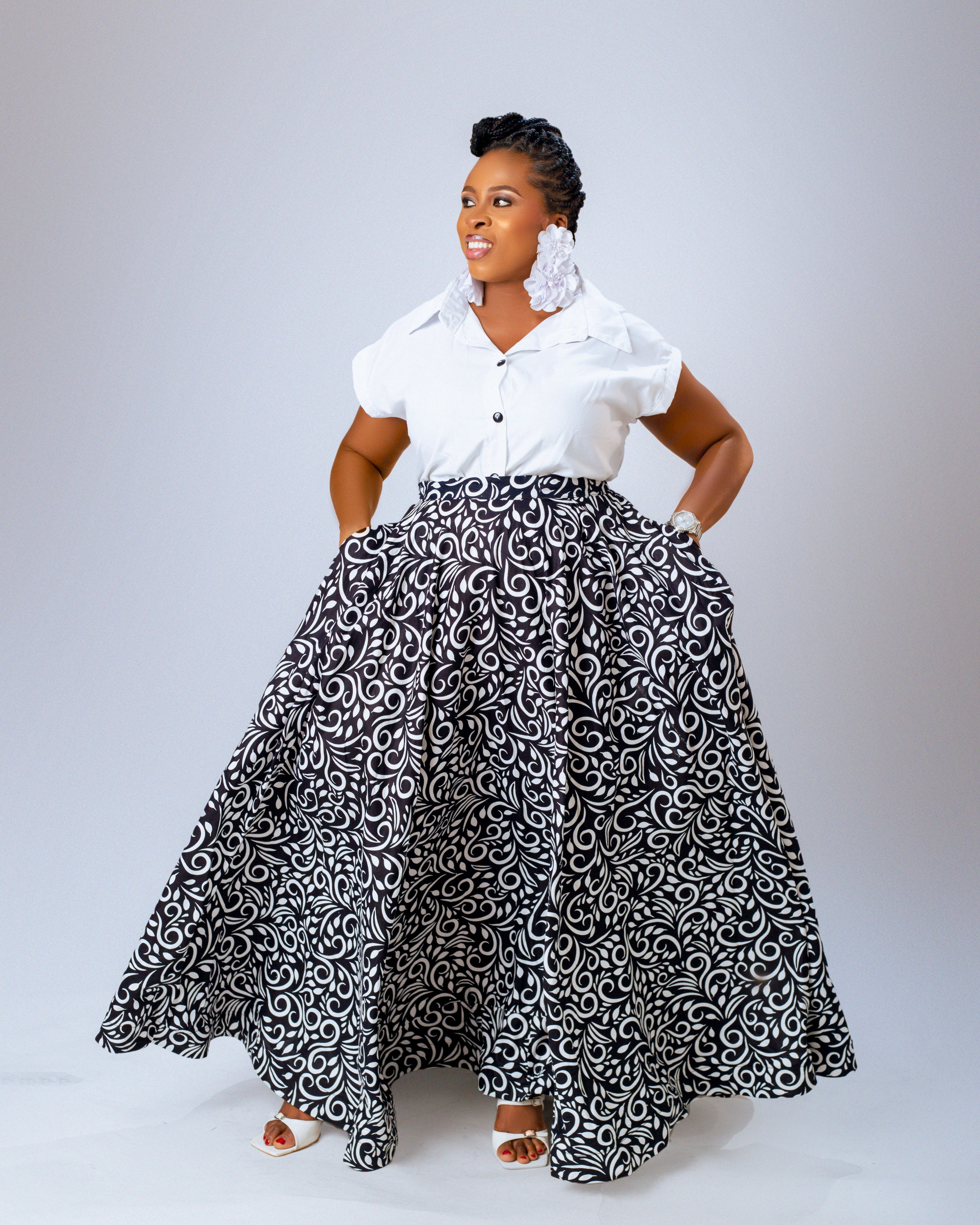 Nora Ankara Midi Skirt | Black and White African Print