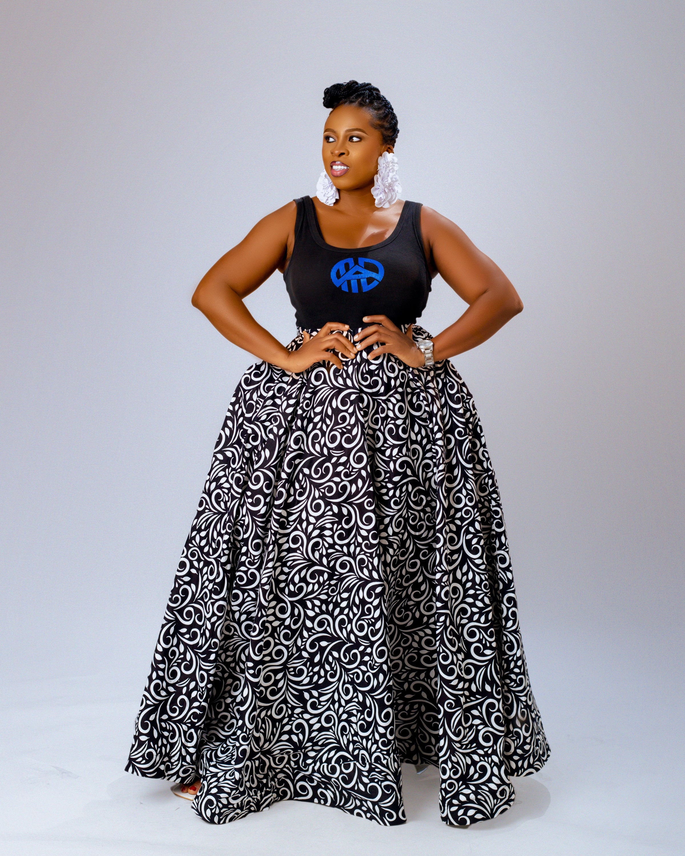 Nora Ankara Midi Skirt | Black and White African Print