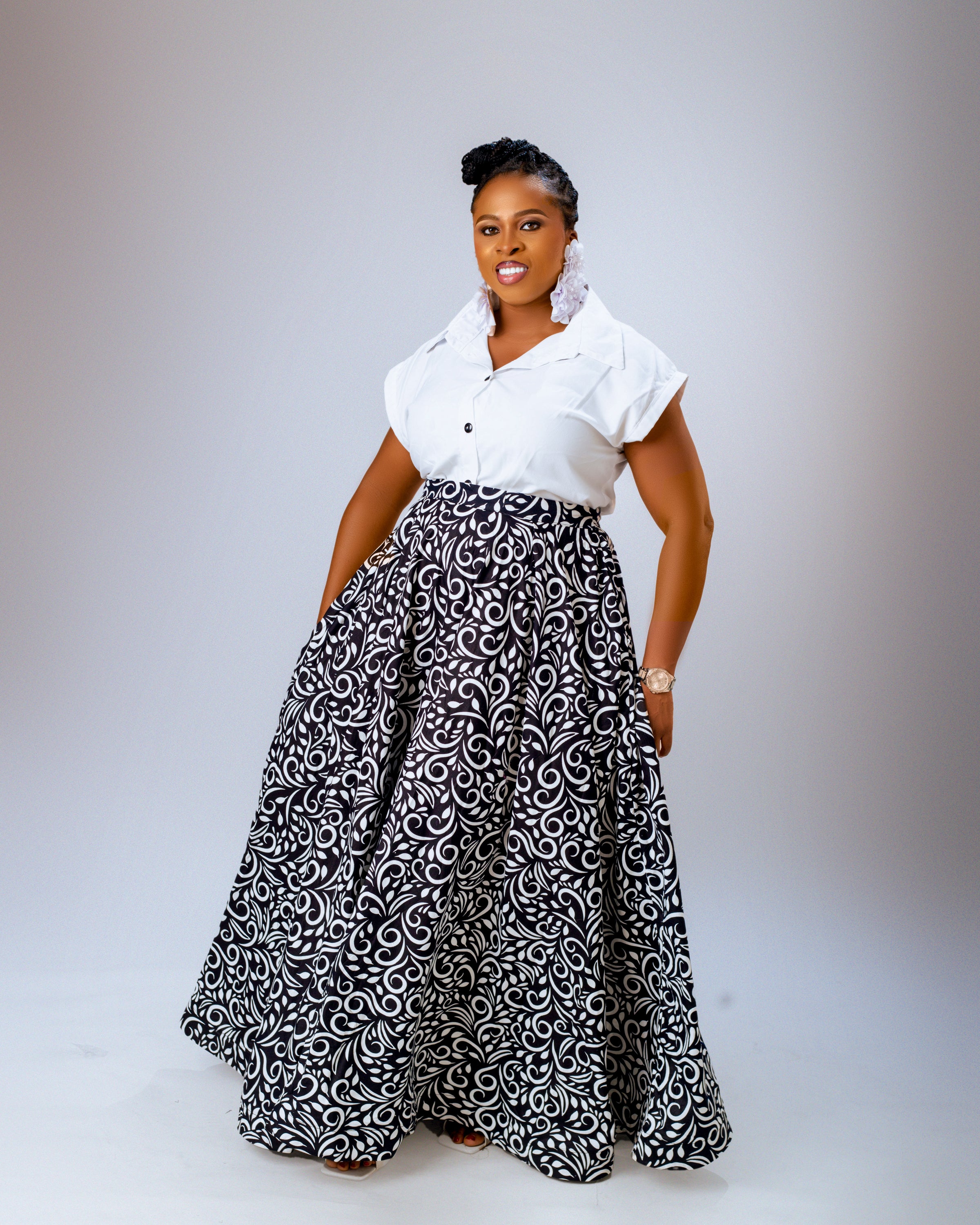 Nora Ankara Midi Skirt | Black and White African Print