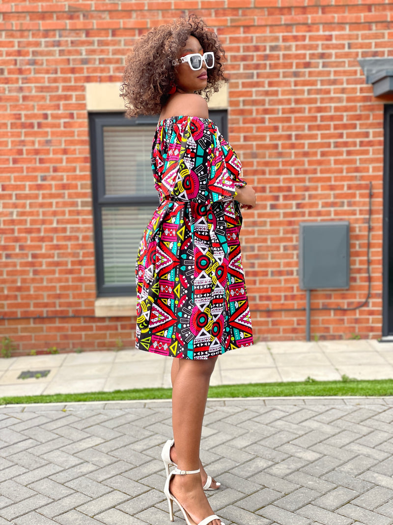 Bridget Ankara Off shoulder Midi Dress | Black and White Multicolored African Print