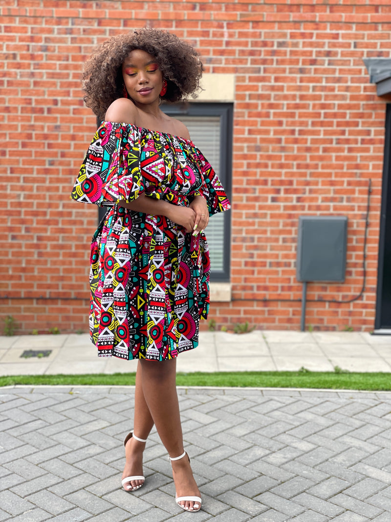 Bridget Ankara Off shoulder Midi Dress | Black and White Multicolored African Print