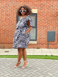 Bertha Ankara Off shoulder Midi Dress | Black and White African Print