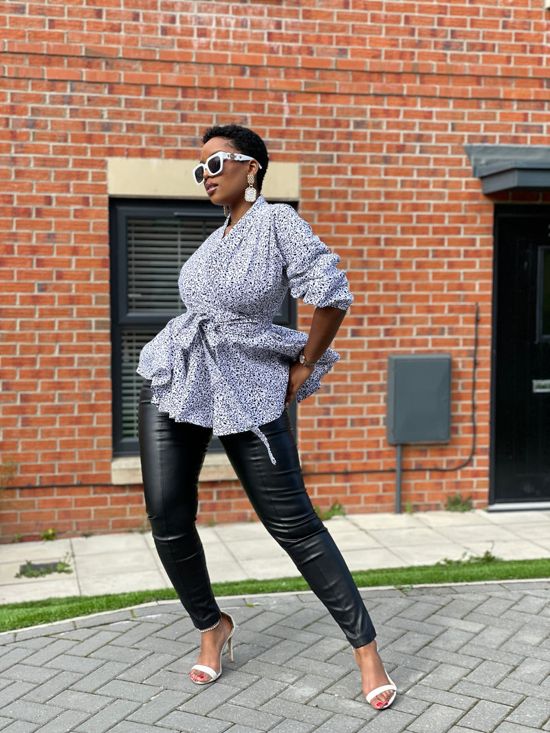 Cora Ankara Peplum Top | White and Black African Print