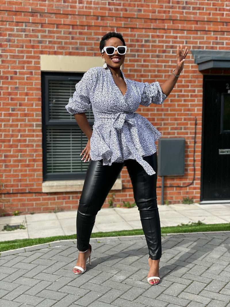 Cora Ankara Peplum Top | White and Black African Print
