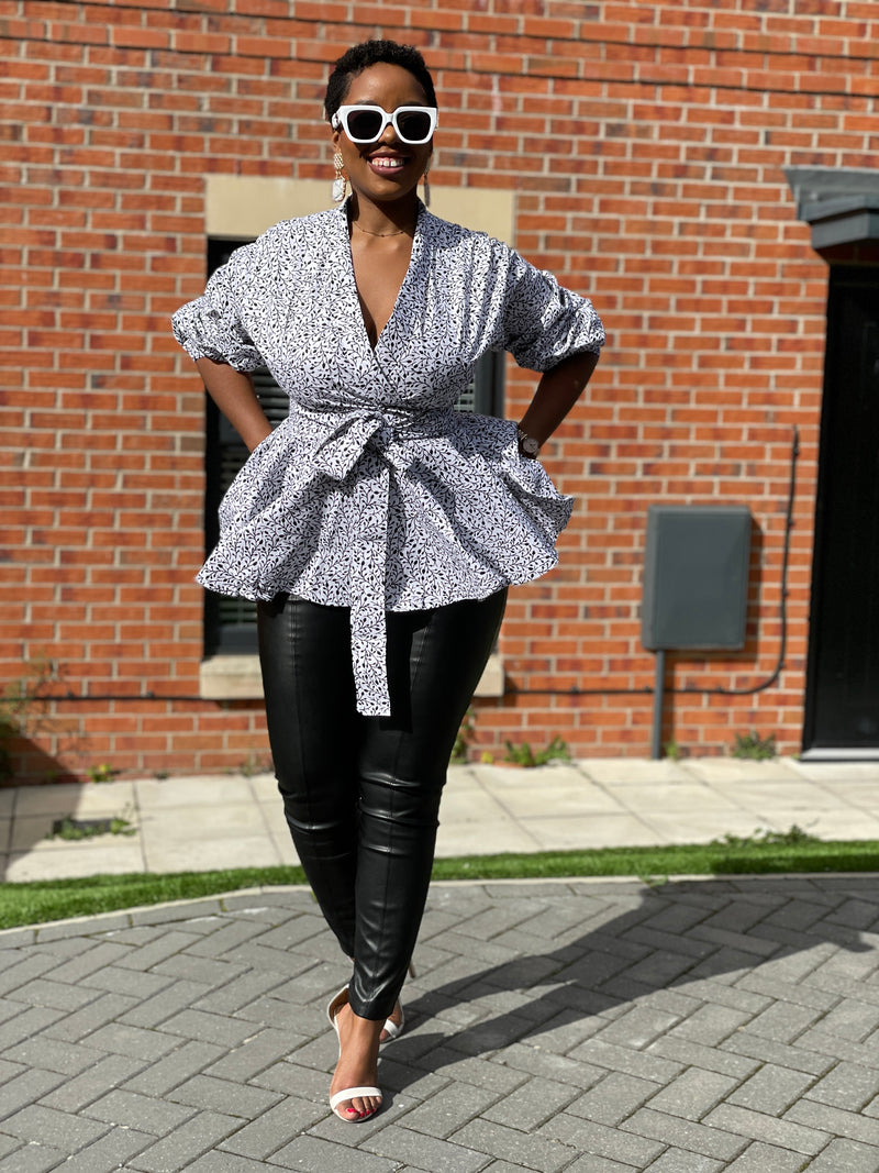 Cora Ankara Peplum Top | White and Black African Print