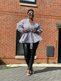 Cora Ankara Peplum Top | White and Black African Print
