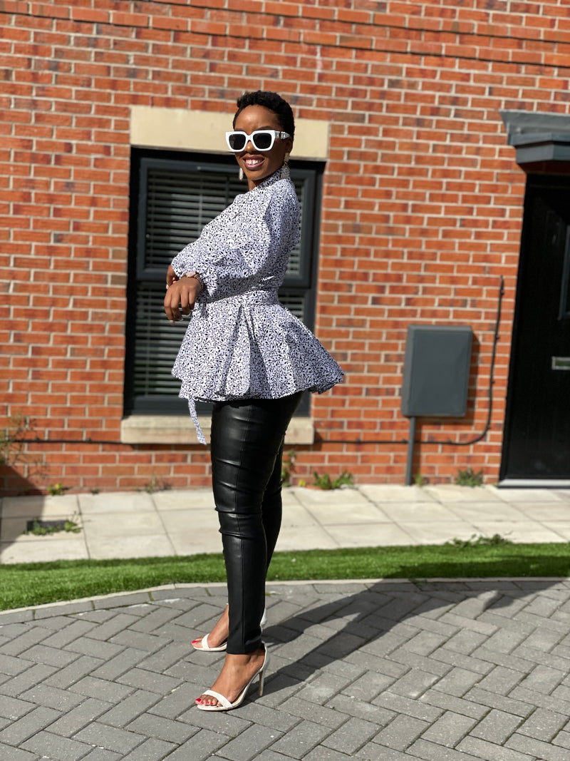 Cora Ankara Peplum Top | White and Black African Print