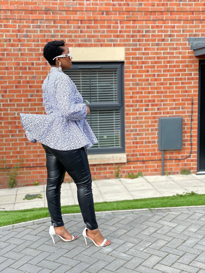 Cora Ankara Peplum Top | White and Black African Print