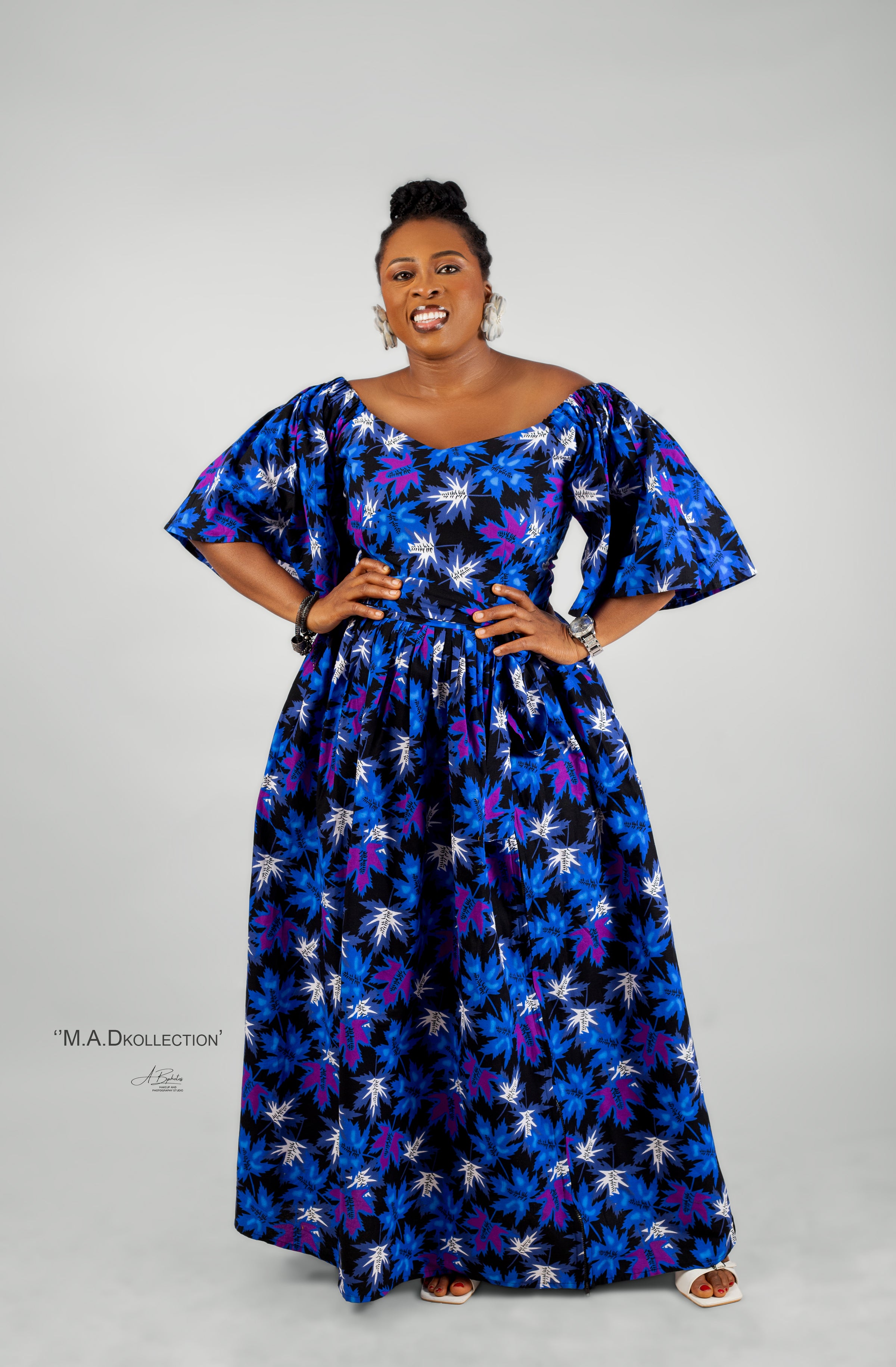 Chisom Ankara Off Shoulder Maxi Dress | Blue and Purple  Multicoloured African Print
