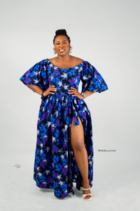 Chisom Ankara Off Shoulder Maxi Dress | Blue and Purple  Multicoloured African Print