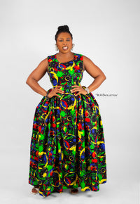 Binta Ankara Maxi Dress | Green Multicolor African Print