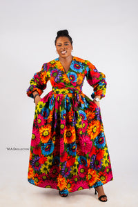 Dalia Ankara Maxi Dress | Orange Multicolor V Neck African Print