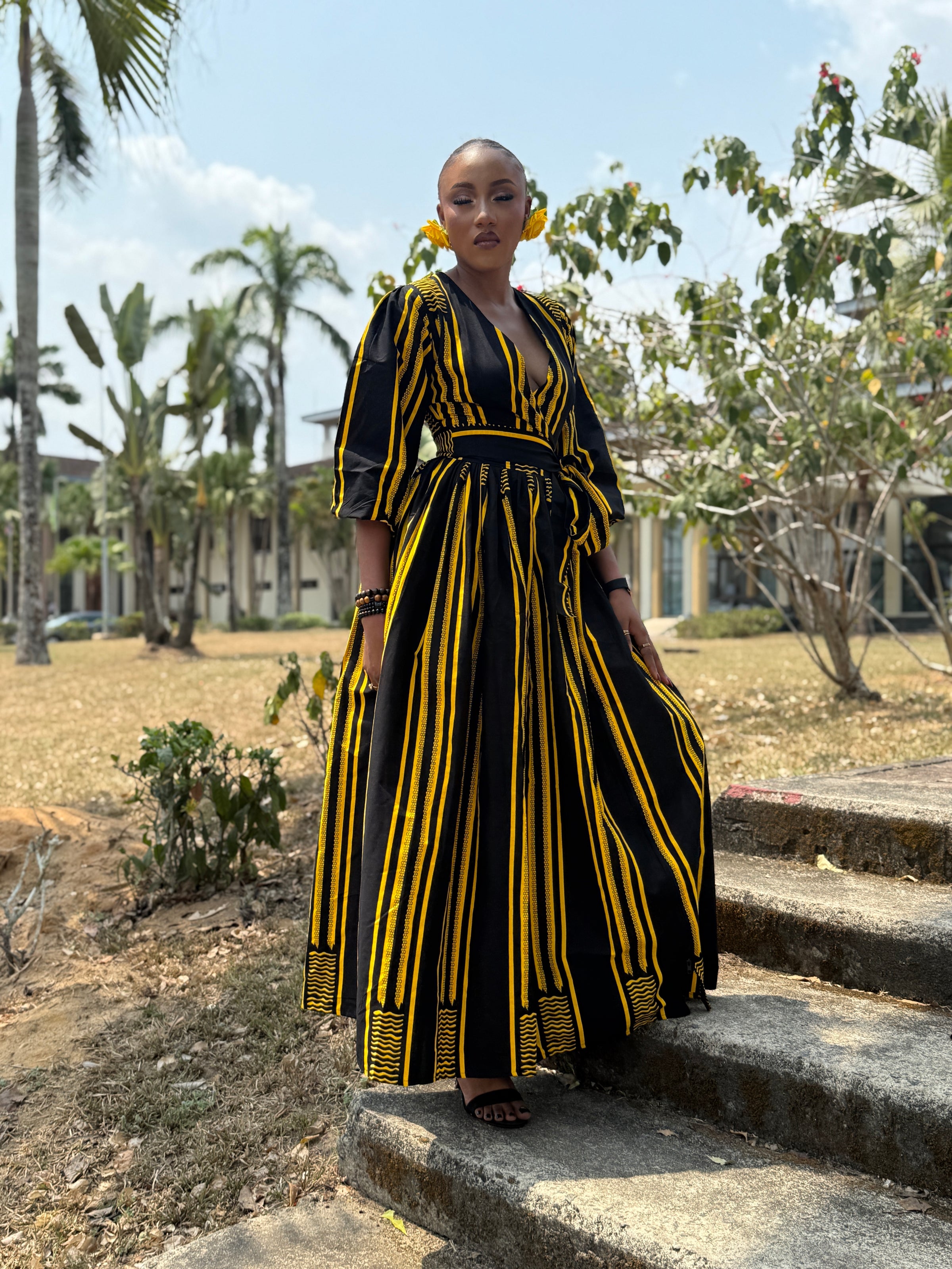 black and yellow dress Adeola Ankara Maxi Dress |Yellow and Black African Print M.A.DKollection
