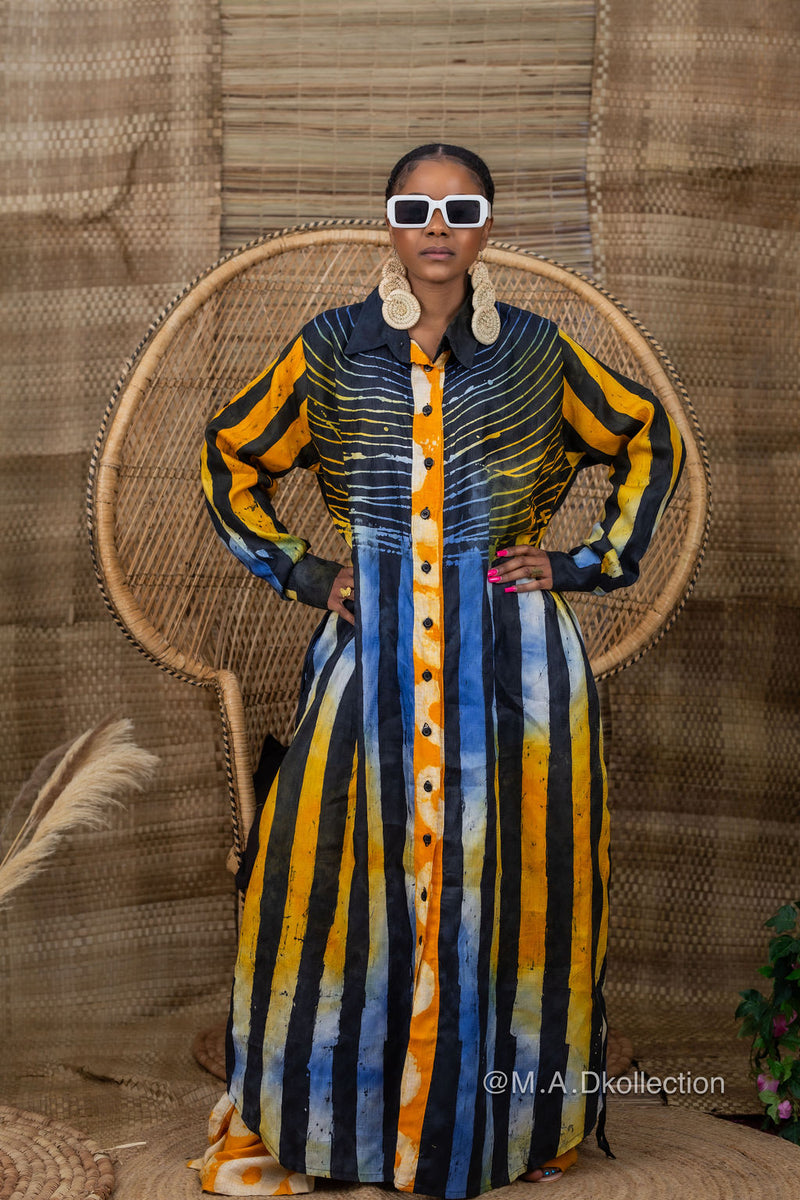 Titi Adire Shirt Dress  | Blue and Yellow Pattern