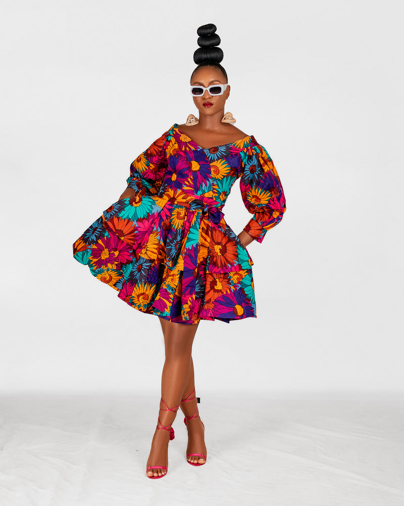 pink and blue african dress Long Kaba Dress with Red and Blue Patterns with Mao Neckline - XL