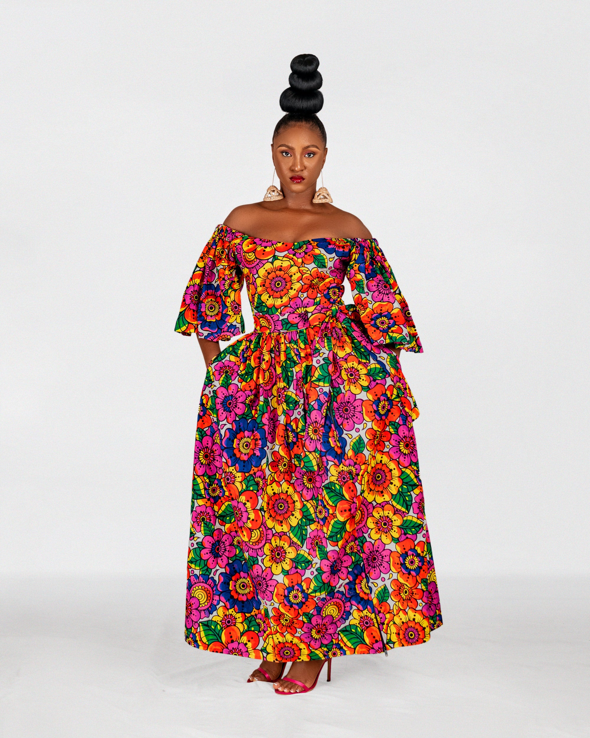 Naomi Ankara Off Shoulder Maxi Dress Multicoloured African Print