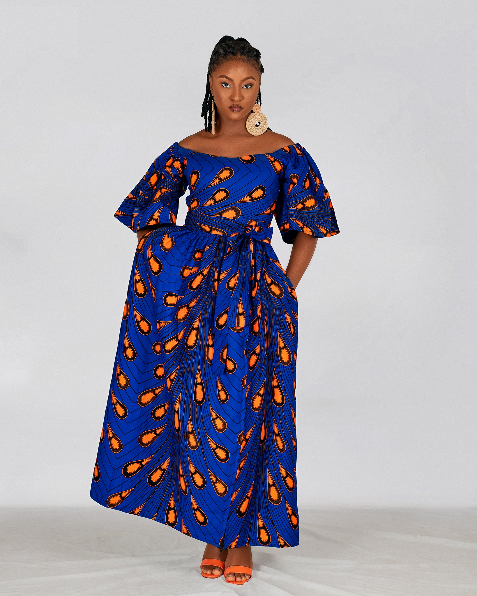 Nimi Ankara Off Shoulder Maxi Dress | Blue and Orange African Print M.A.DKollection Nimi Ankara Off Shoulder Maxi Dress | Blue and Orange African Print M.A.DKollection