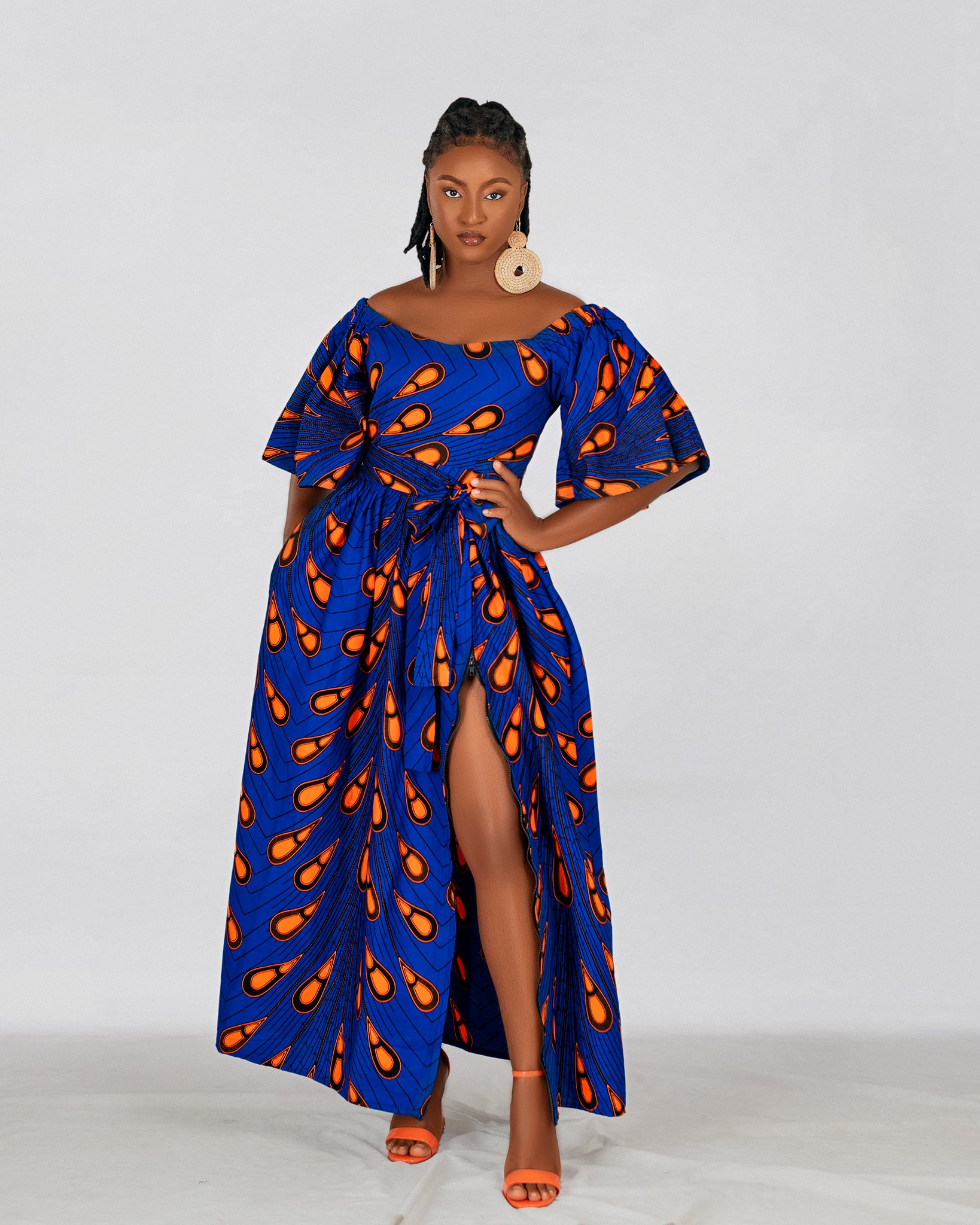 Nimi Ankara Off Shoulder Maxi Dress | Blue and Orange African Print M.A.DKollection Nimi Ankara Off Shoulder Maxi Dress | Blue and Orange African Print M.A.DKollection