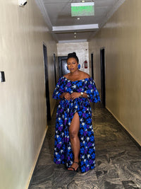 Chisom Ankara Off Shoulder Maxi Dress | Blue and Purple  Multicoloured African Print