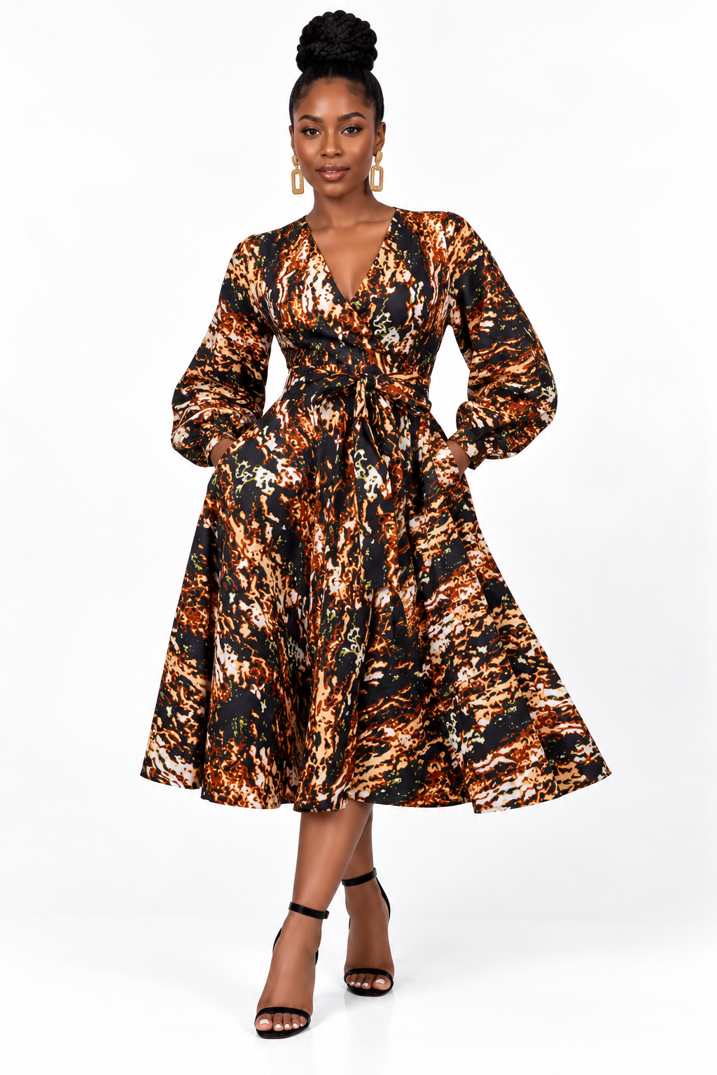 Dora Ankara Midi Dress | Brown and Black African Print