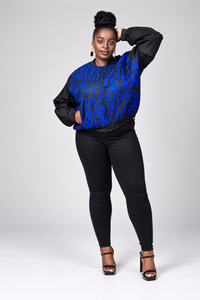 Wendy Ankara Mixed Print Bumper Jacket | Blue and Black African Print