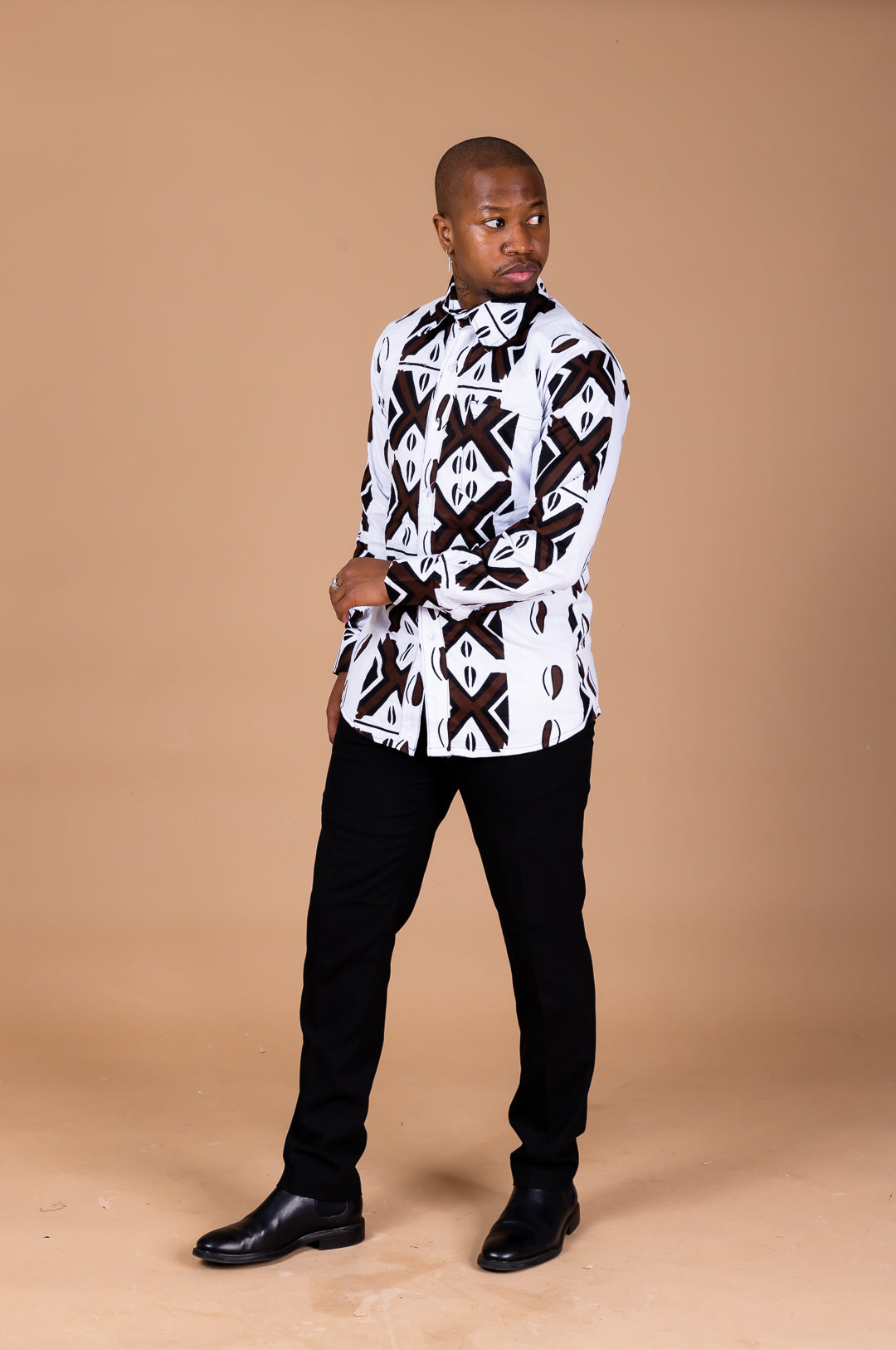 Tunji Ankara Men Long-sleeved Shirt Black and White African