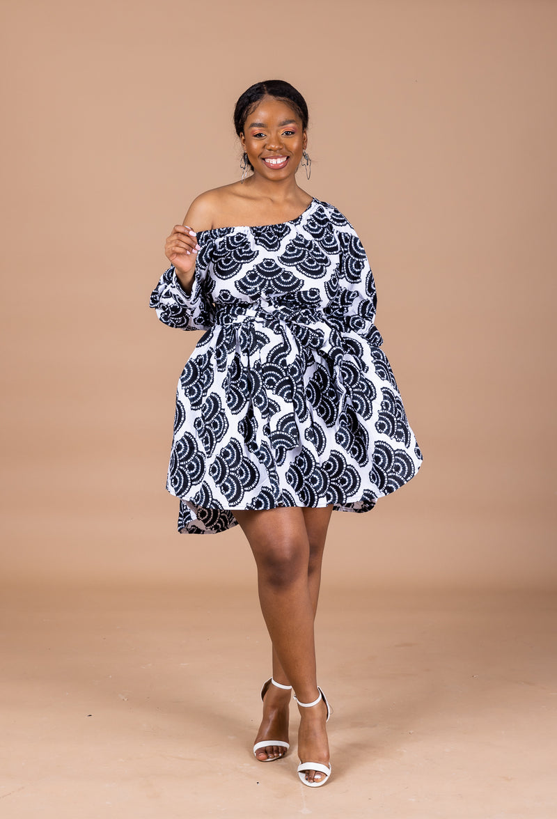 Stella Ankara Midi Women’s Dress | Black and White African Print
