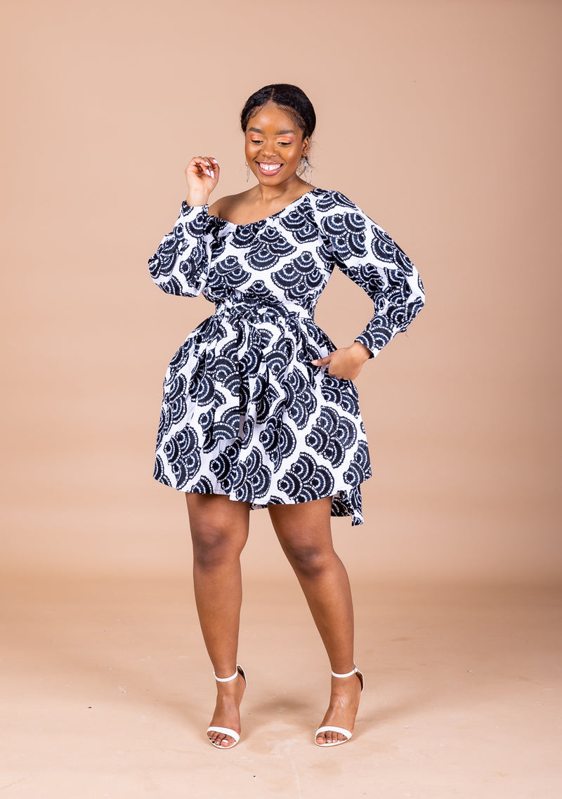 Stella Ankara Midi Women’s Dress | Black and White African Print