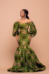 Hauwa Ankara Maxi Dress | Green and Brown African Print