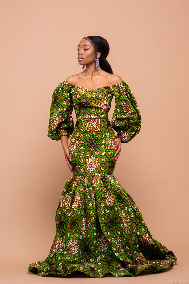Hauwa Ankara Maxi Dress | Green and Brown African Print