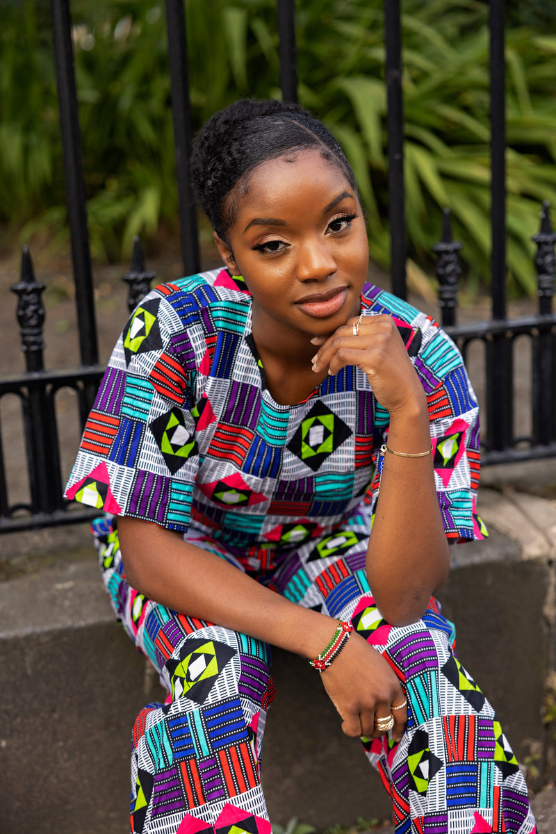 Champo Ankara High Waisted Trouser | Blue and White Multicolored African Print