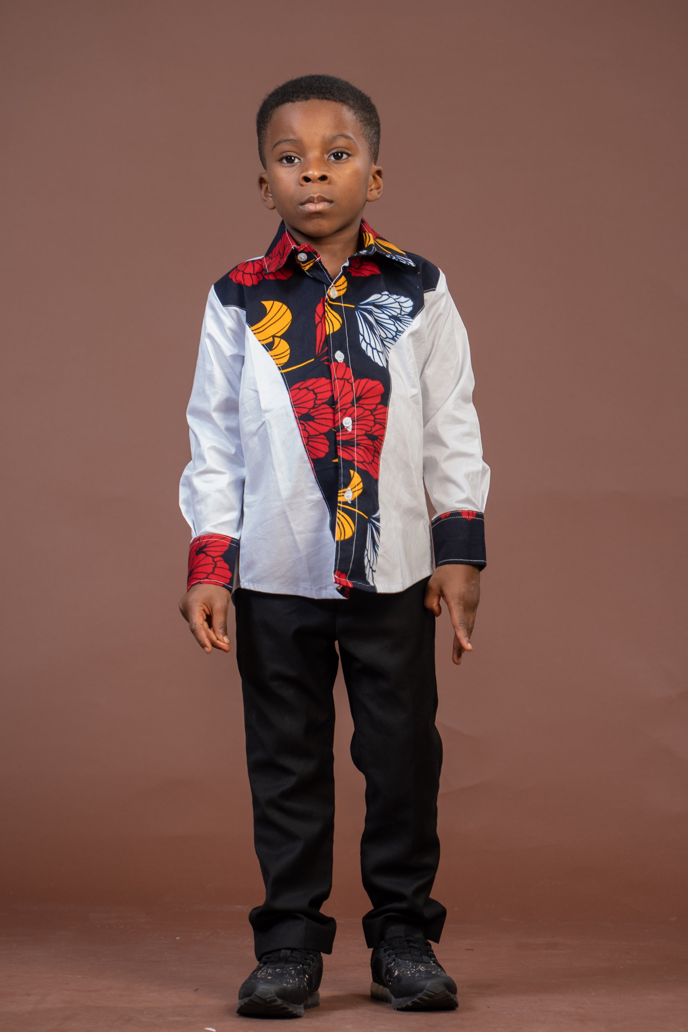 Trey Ankara Mixed Print Boy Shirt White and African Ankara Print 1-2years