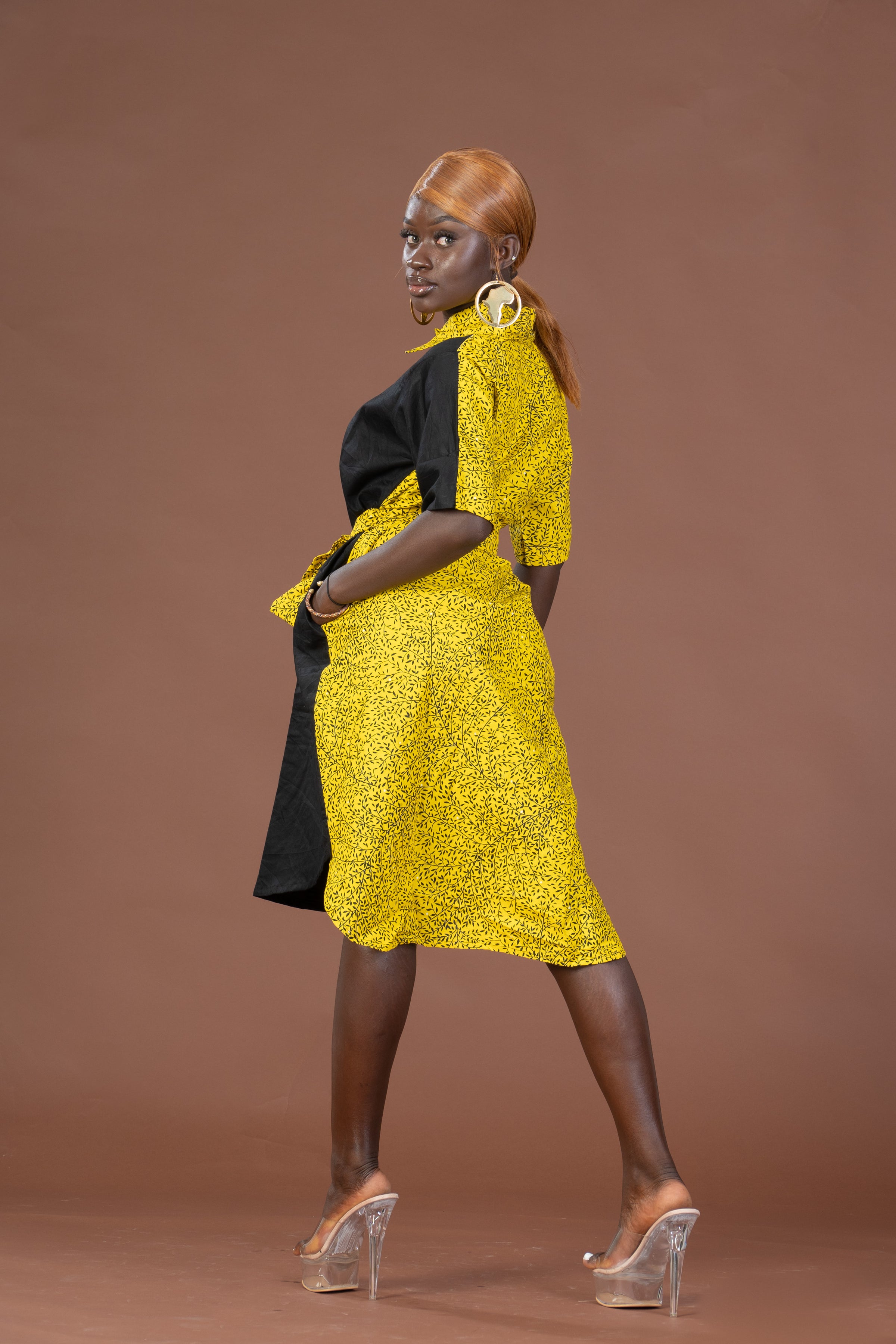 yellow and black midi dress Yellow Black Polka Dot Dress With Sleeves | Midi