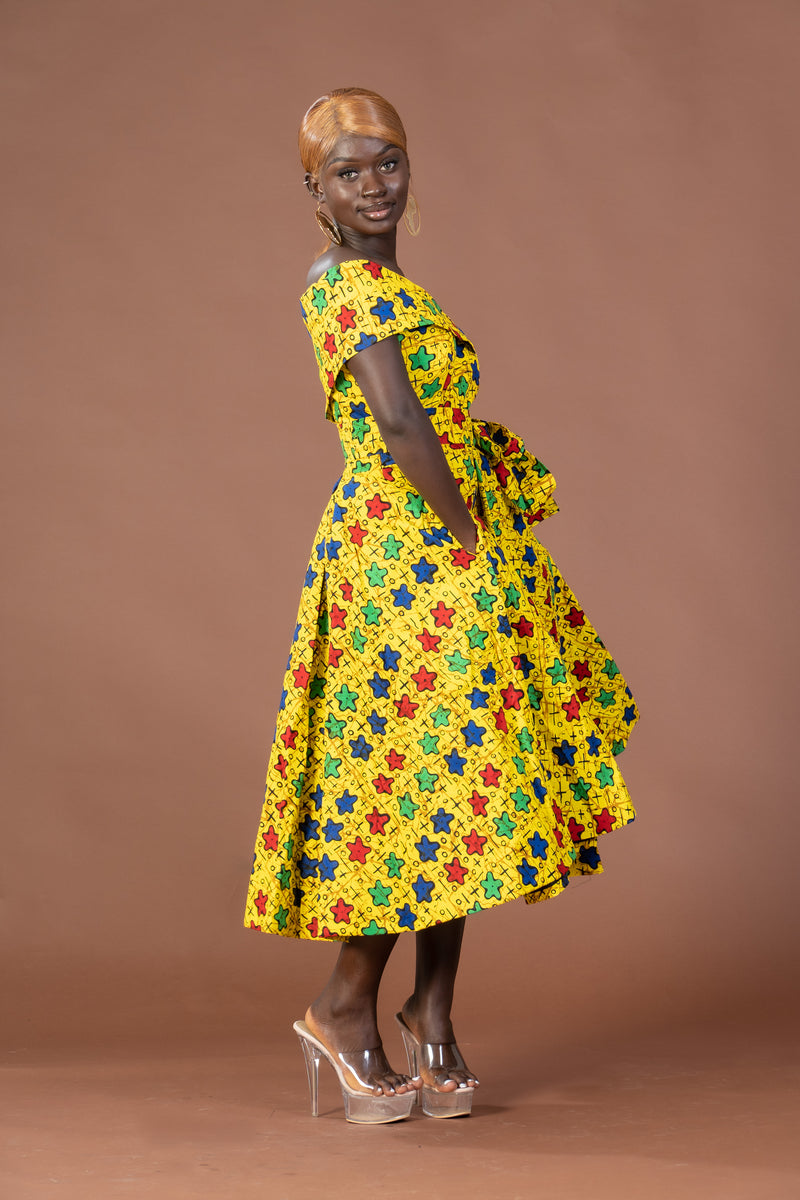 Taraji Ankara Off shoulder Midi Dress | Yellow Stars African Print