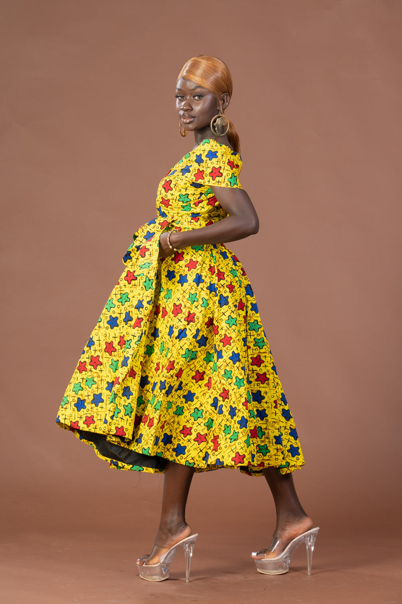 Taraji Ankara Off shoulder Midi Dress | Yellow Stars African Print