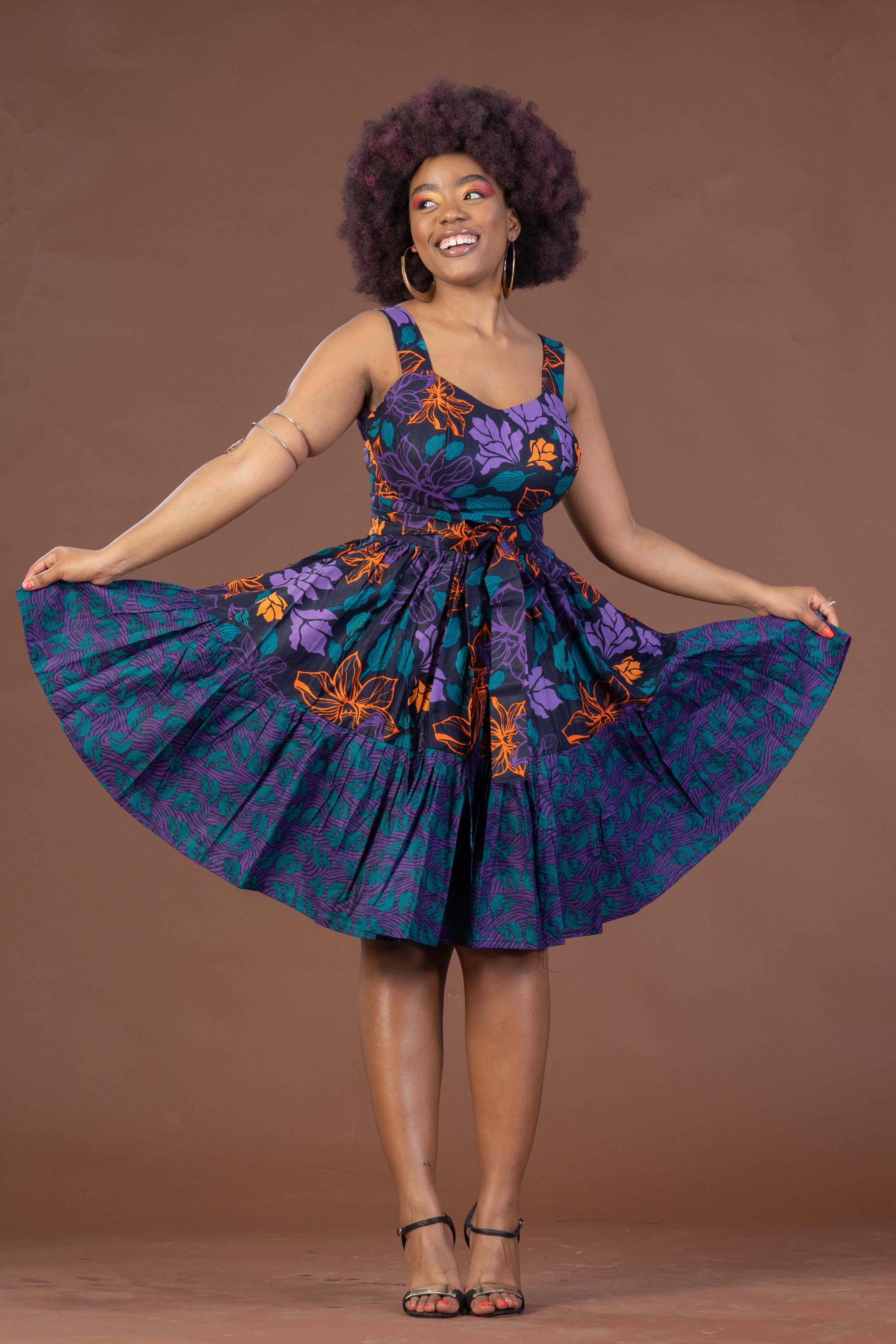 Bambi Ankara Sleeveless Midi Dress | Purple and Orange African