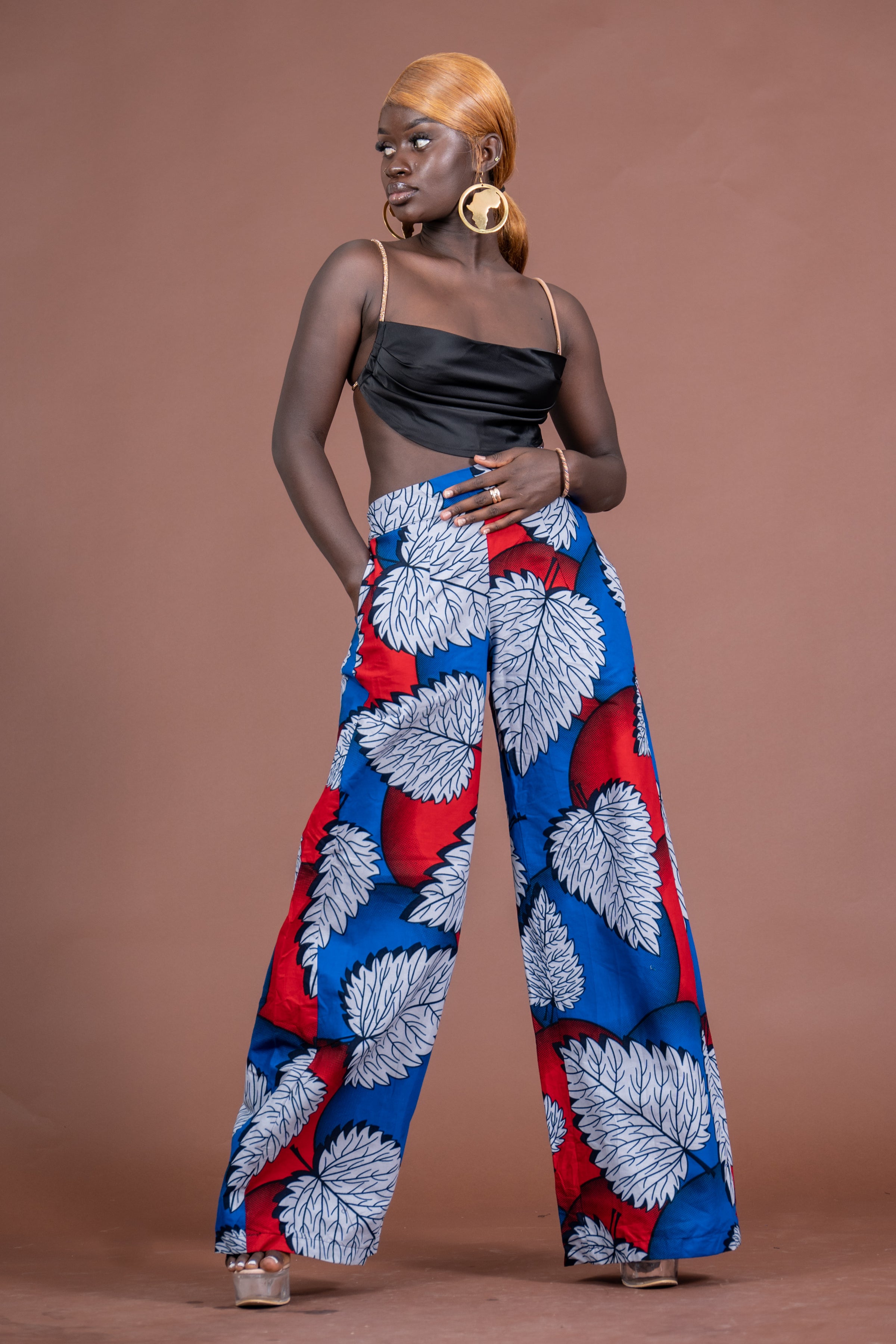 Azara Ankara High Waisted Trouser | White and Blue African Print