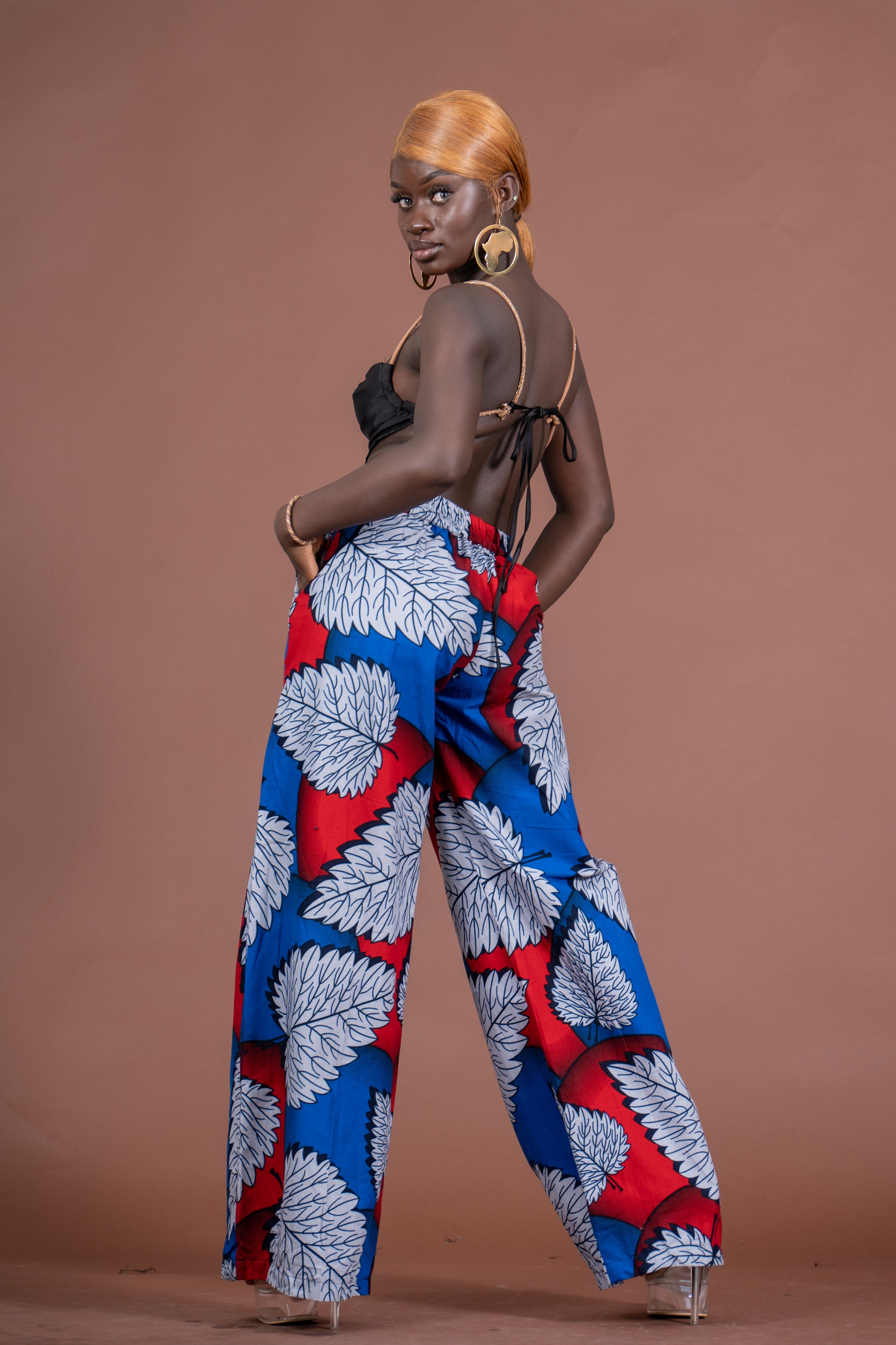 Azara Ankara High Waisted Trouser | White and Blue African Print