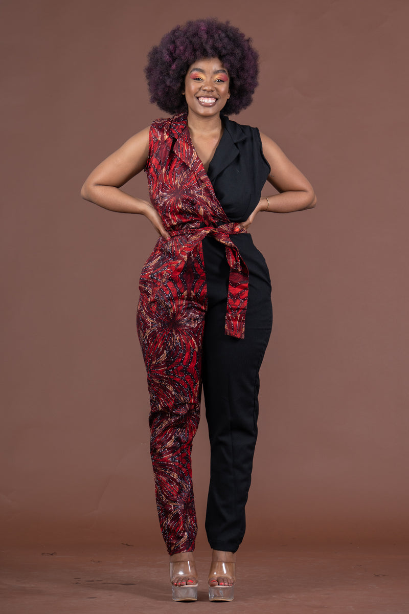 Melody Ankara Jumpsuit | Black and Red African Print