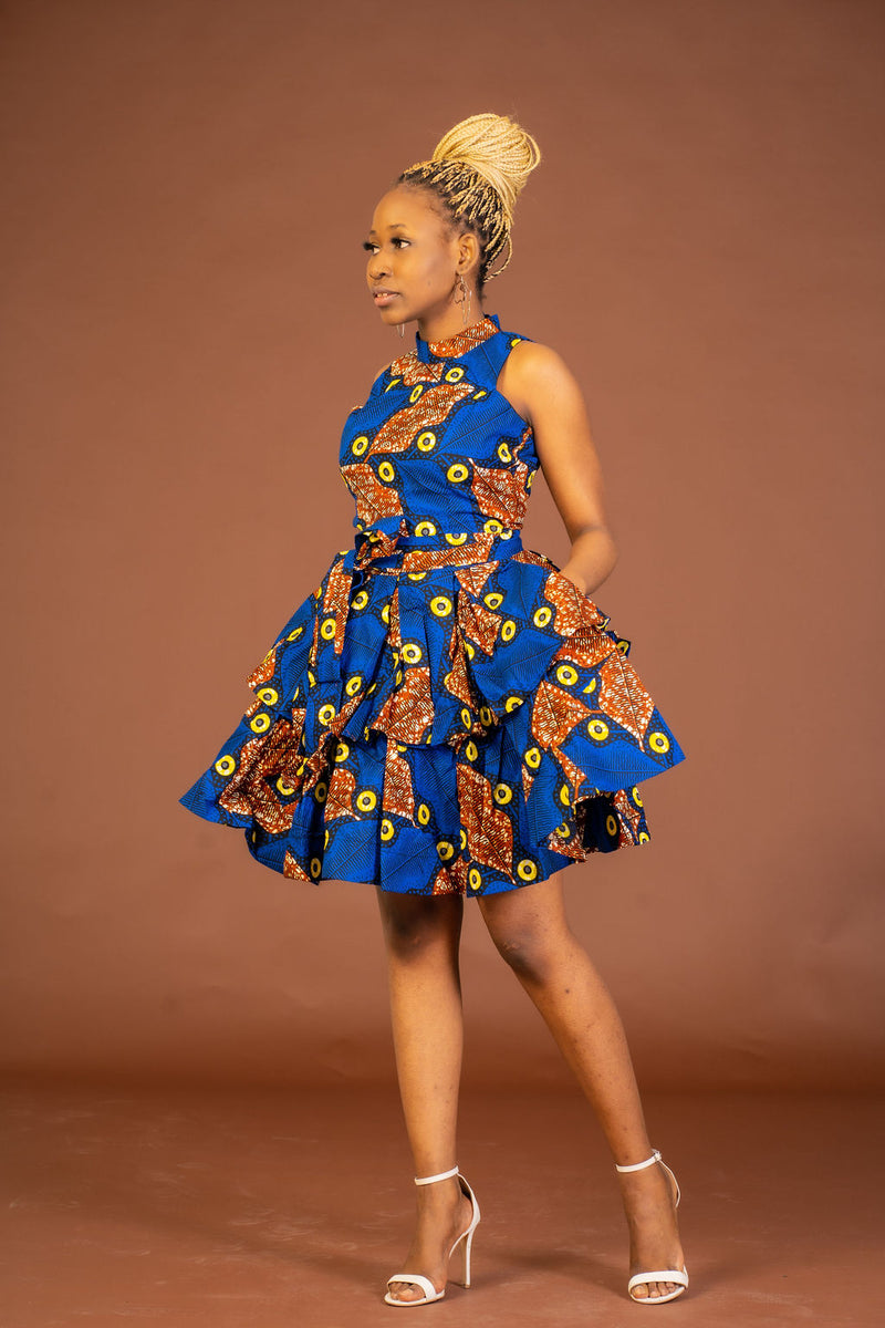 Zuri Ankara Sleeveless Dress | Blue and Brown African Print M.A.DKollection Zuri Ankara Sleeveless Dress | Blue and Brown African Print M.A.DKollection
