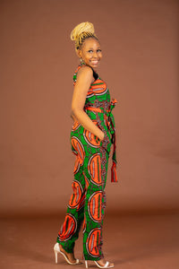 Maggie Ankara Jumpsuit | Green and Orange African Print