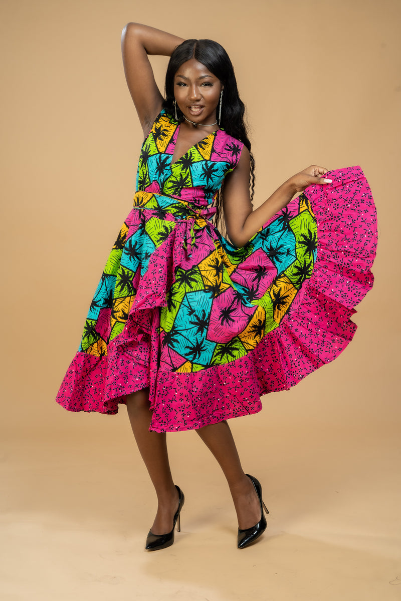 Boma Ankara Wrap Dress | Pink Multicoloured African Print