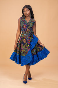 Brenda Ankara Wrap Dress | Blue African Print